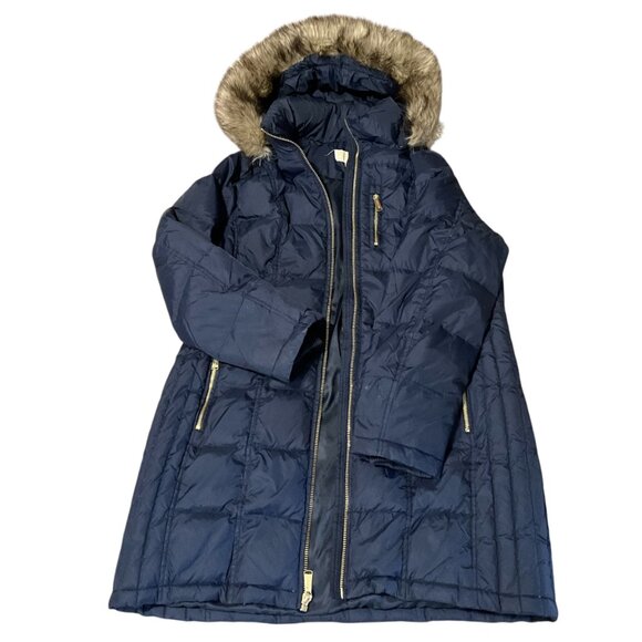 Michael Kors ,Navy Blue Hooded Puffer Jacket With Faux Fur Trimmed Hood & Gold Z - Picture 2 of 12